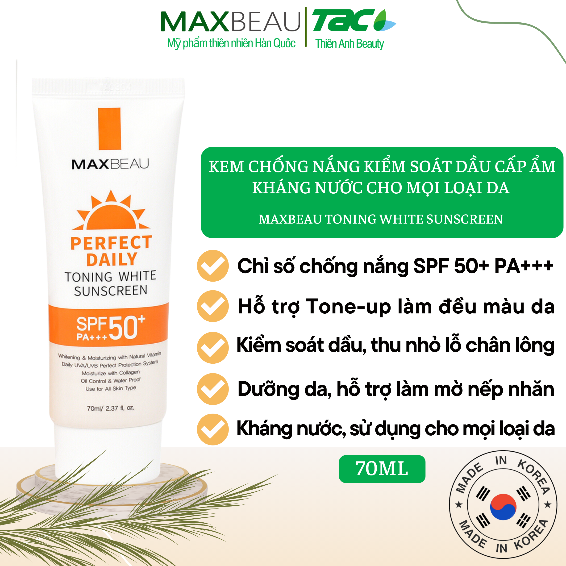 Kem chống nắng MAXBEAU Toning White Sunscreen Chống Nắng Chăm Sóc Da Dưỡng Da Dưỡng Ẩm 70ml