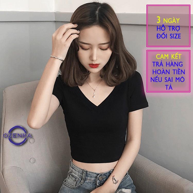 Áo croptop cổ chữ v dáng ôm , áo kiểu crt tay ngắn sexy nữ đen trắng vải thun gân 100% cotton CRTV 258