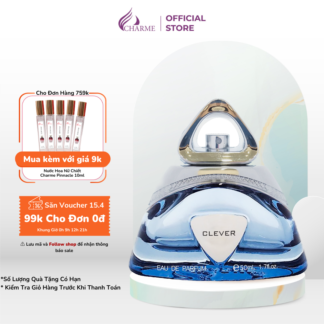 Nước hoa nữ cao cấp, Charme Clever, hương hoa nữ tính, toát lên sự hồn nhiên, yêu đời và hoạt bát, 50ml