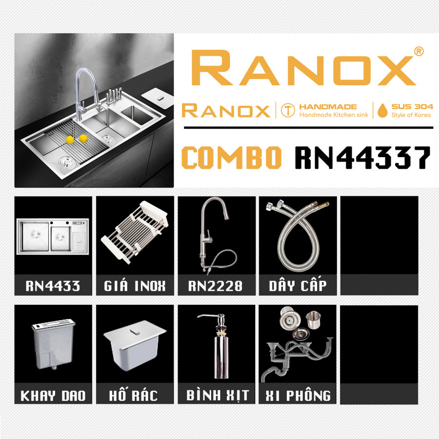 Combo chậu rửa bát cao cấp 3 hố và vòi rửa bát rút dây RANOX  RN44331