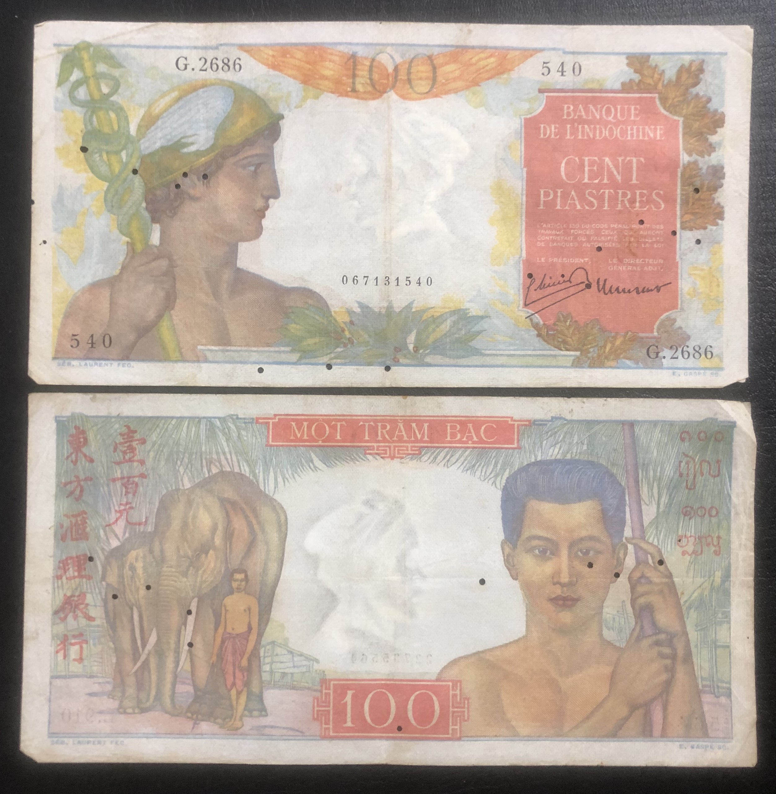 Tiền Đông Dương Indochine, 100 đồng bạc người và voi, tặng kèm bao nilong bảo quản