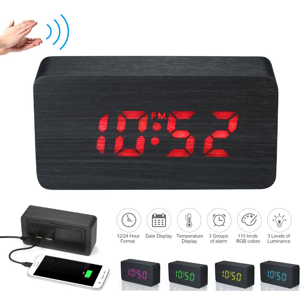 Đồng hồ báo thức bằng gỗ tuyệt vời, với màn hình LED RGB 115 màu sạc USB, hoàn hảo cho việc sử dụng tại nhà và văn phòng