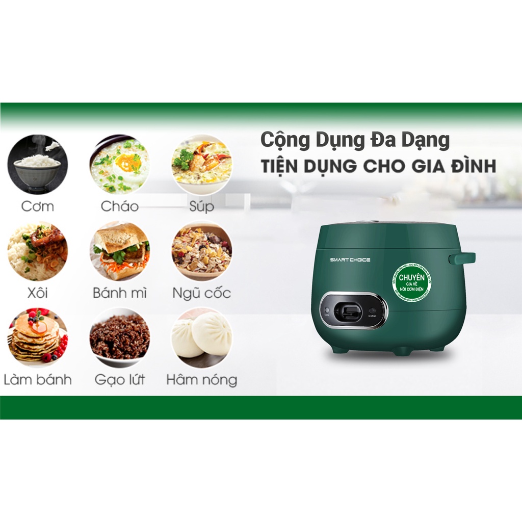 Nồi Cơm Điện Mini 1.2L SMARTCHOICE SCG-RC3001 Lòng Nồi Phủ Ceramic Chống Dính Cao Cấp, Nồi Cơm Điện Cơ Có Quay Xách Dùng Cho 1-3 Người Ăn, Nấu Chín Nhanh, Giữ Ấm Lâu - Hàng Chính Hãng