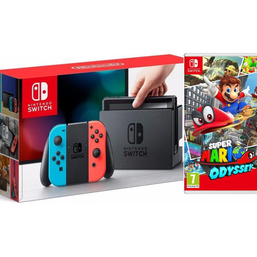 COMBO Máy chơi Game Nintendo Switch With Neon Blue Red Joy-Con Tặng Kèm Thẻ Game Mario Odyssey - Hàng Nhập Khẩu