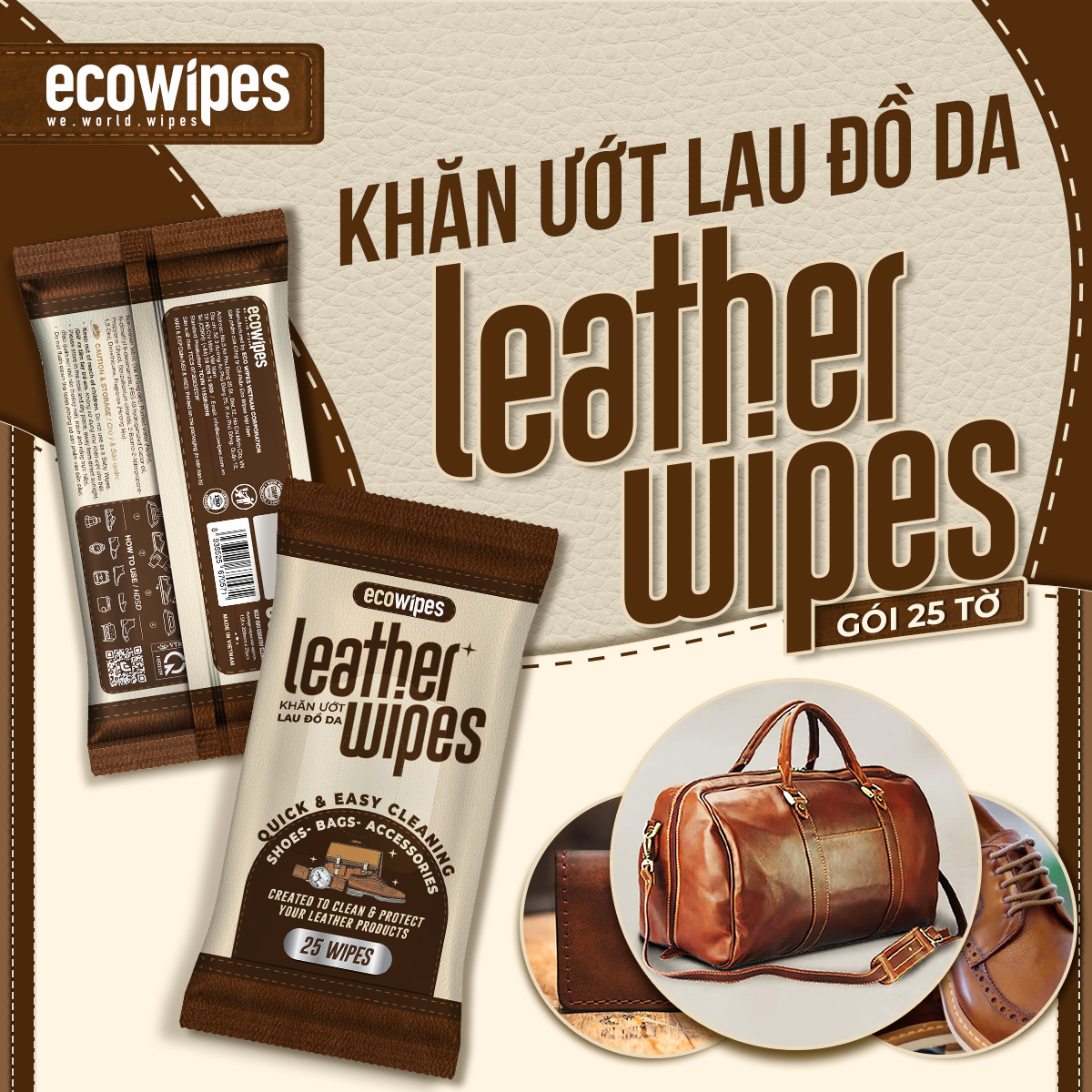 Khăn giấy ướt vệ sinh dưỡng bóng giày da, đồ da Leather Wipes gói 25 tờ làm sáng giày ngay lập tức