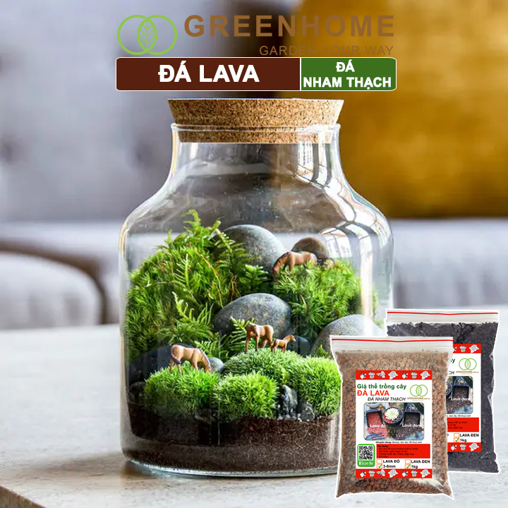 Đá Lava, bao 1kg, đá nham thạch màu đỏ, đen, size 3-6mm, sạch bụi, cho thủy sinh, bonsai, sen đá |Greenhome