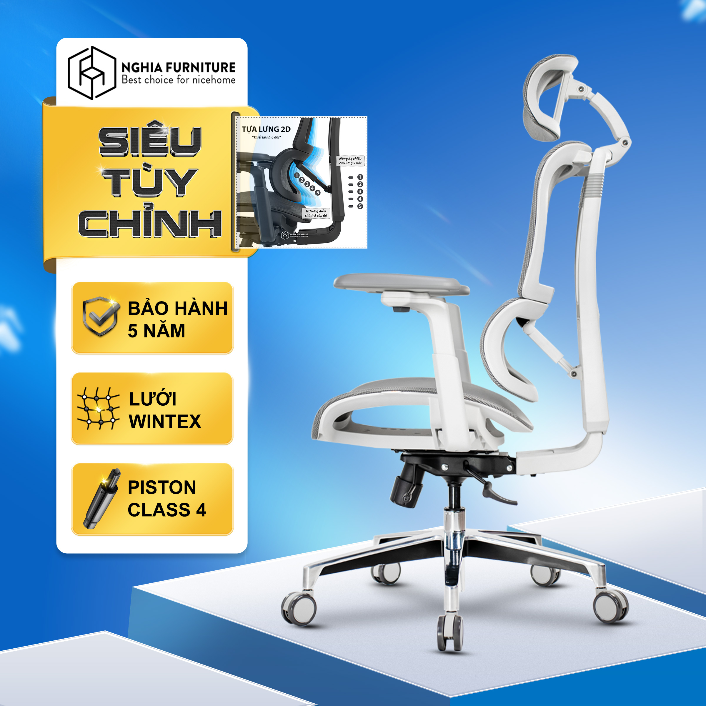 Ghế công thái học Nghia furniture LUMBAR - Ghế xoay văn phòng làm việc nhiều tính năng khủng - Khung trắng - Full lưới xám