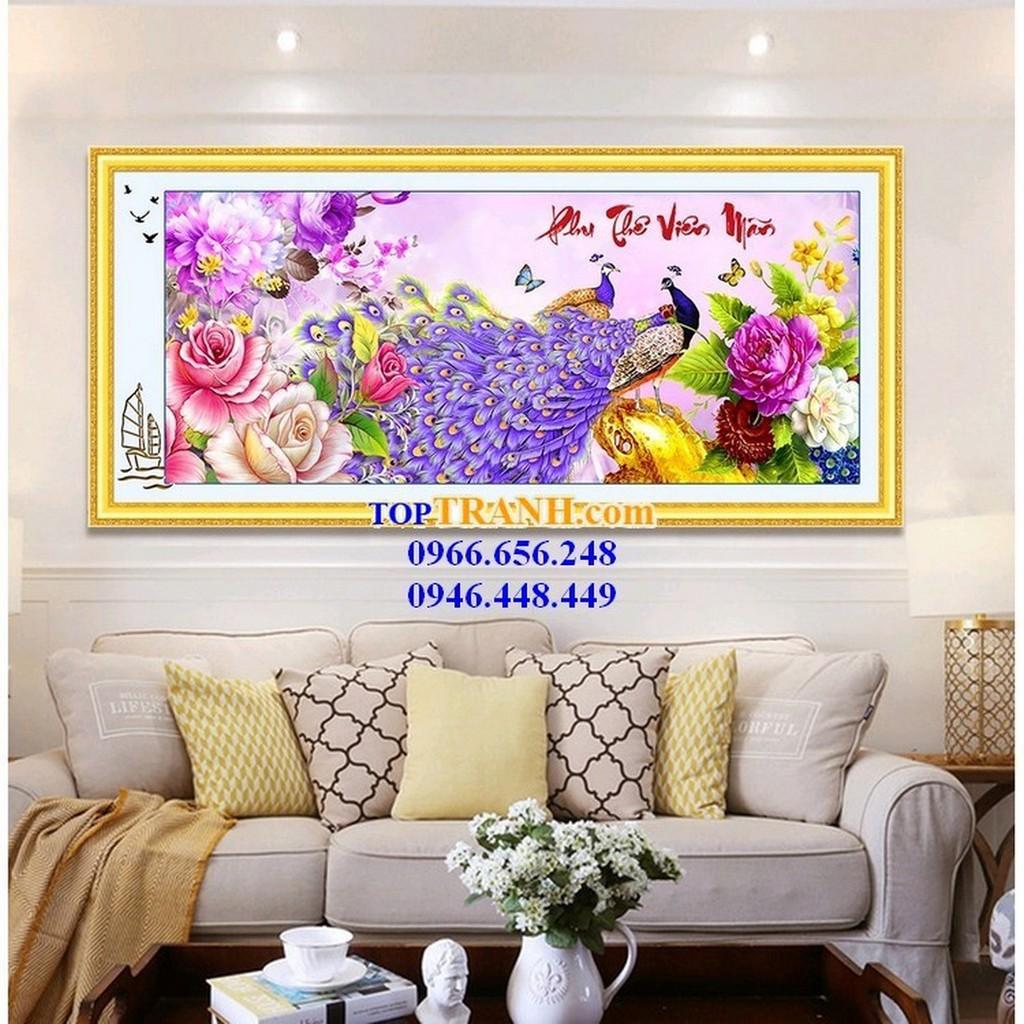 Tranh thêu chữ thập phu thê viên mãn, 2 con công và hoa mẫu đơn MN0029 chưa thêu