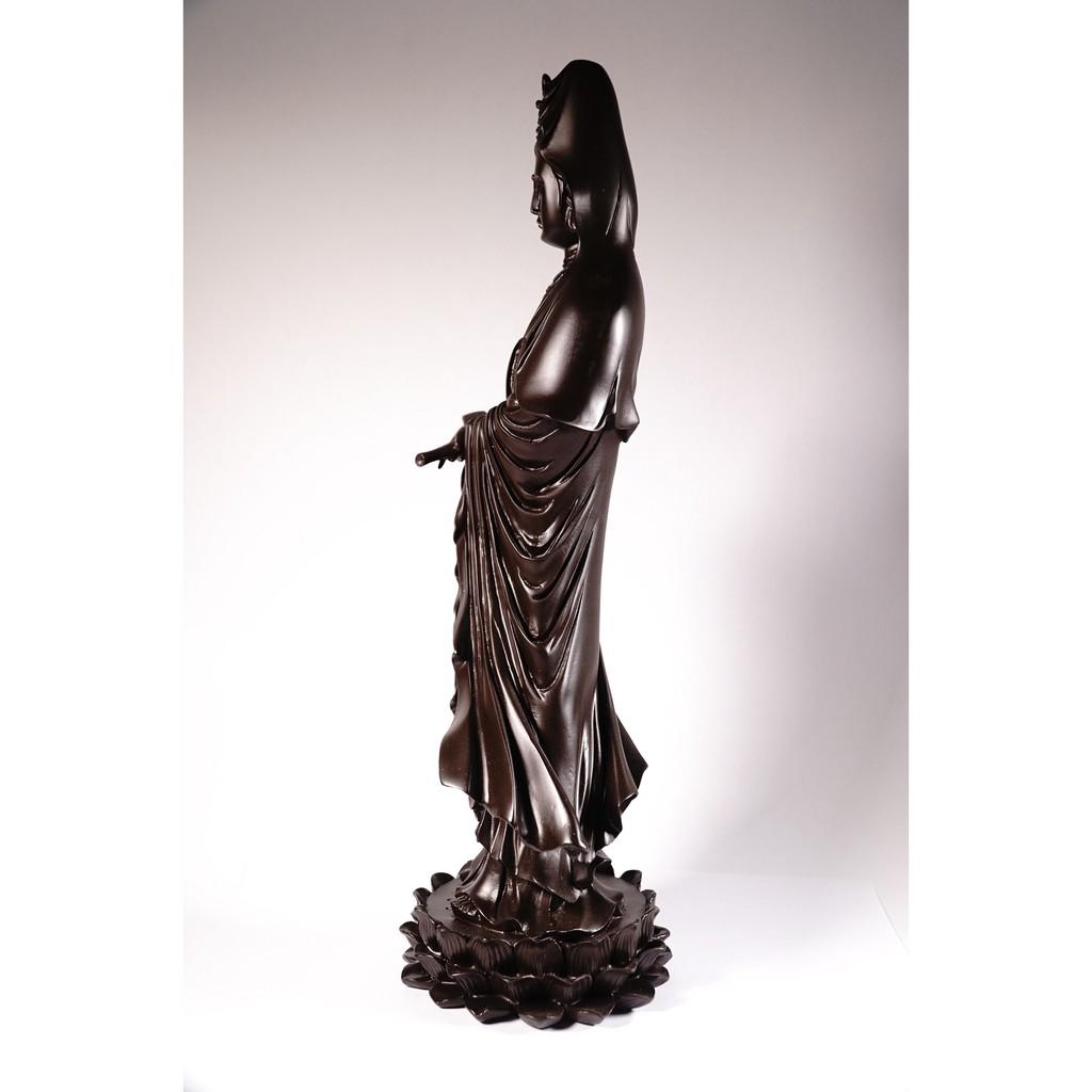 Tượng lớn phật Quan Thế Âm Bồ Tát đứng nguyên khối đế sen nâu đất - Cao 36cm