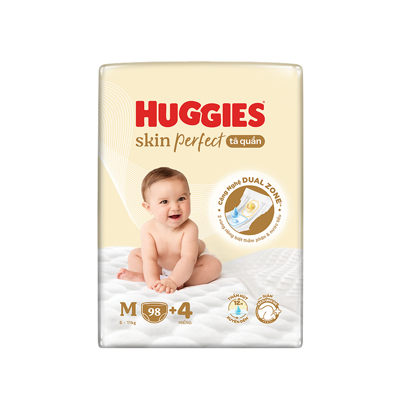 Tã quần Huggies Skin Perfect Mega Jumbo M98+4 miếng với 2 vùng thấm giảm kích ứng da