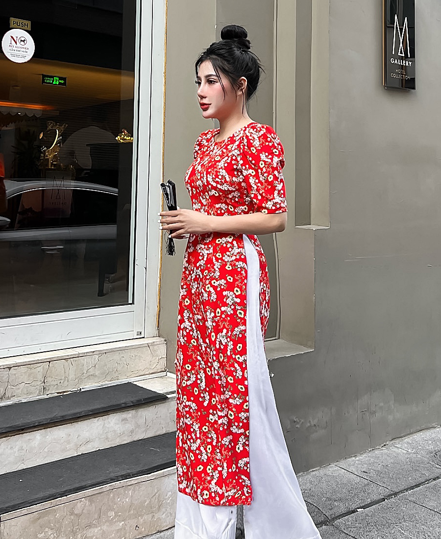 Áo dài hoa nhí tay phồng điệu đà AD026 - Lady Fashion