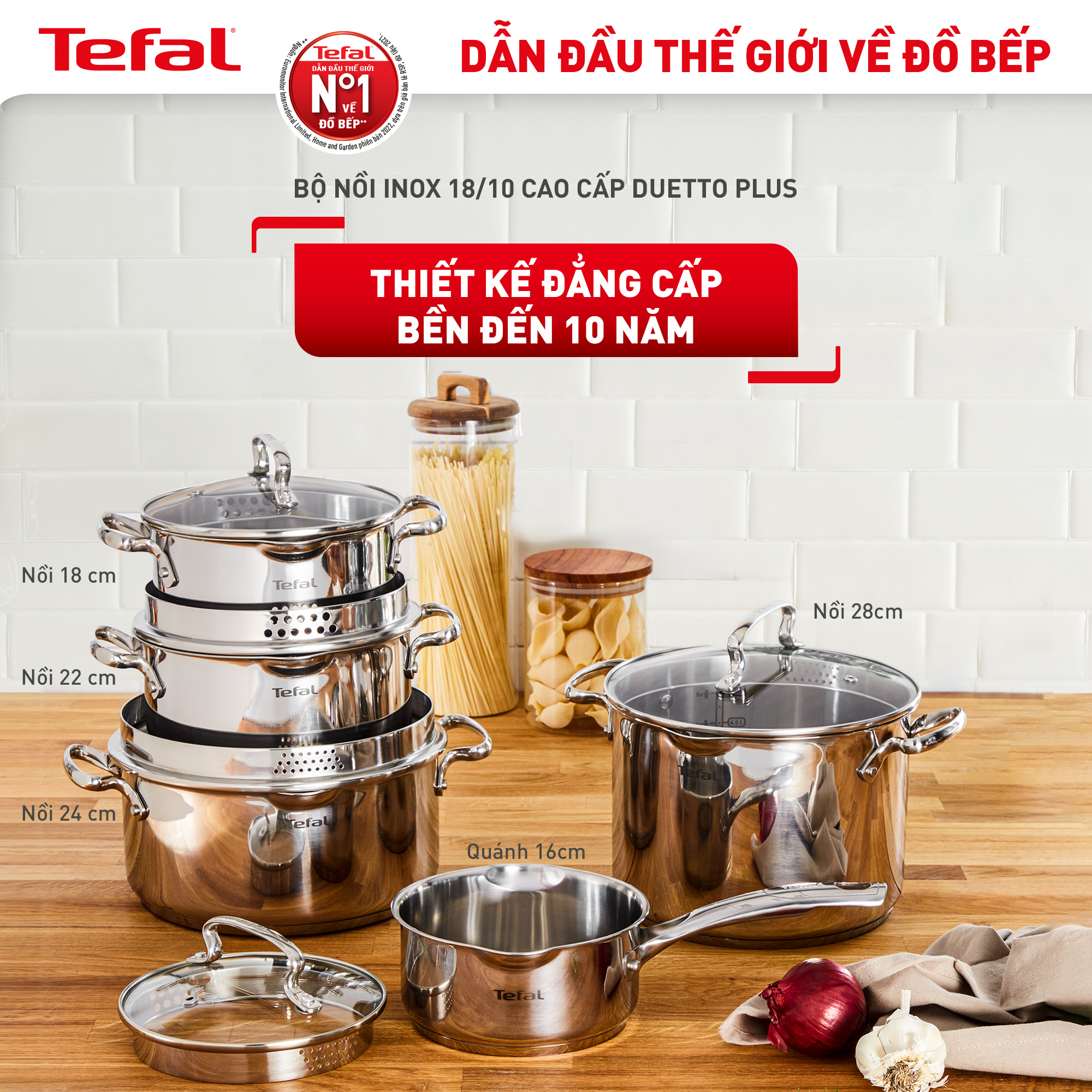 Bộ 3 nồi inox cao cấp Tefal Duetto Plus (Quánh 16cm - 1.4L, Nồi 20cm - 2.8L, Nồi 24cm - 4.9L) - Hàng chính hãng