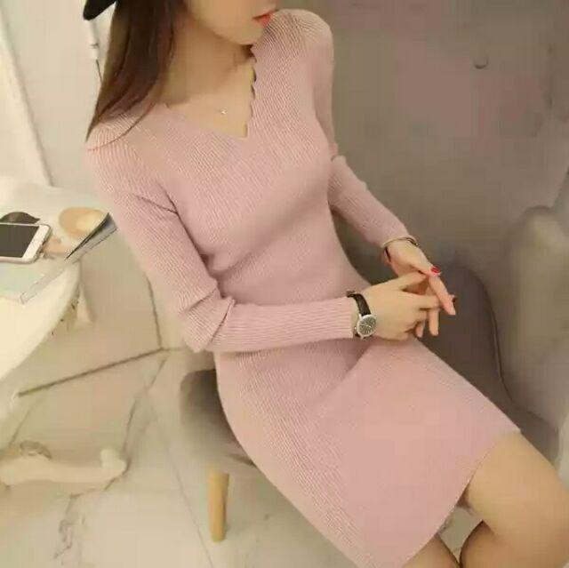 Đầm len cao cấp nữ, đầm nữ cổ chữ V, đầm dạo phố