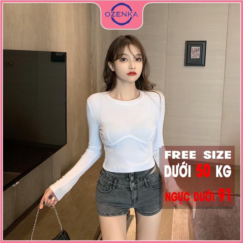 Áo croptop tay dài cổ tròn ôm nữ ,  áo thu đông tôn ngực mặc đi học đi chơi chất len tăm 100% cotton đen trắng