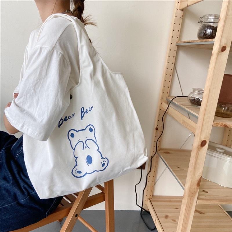 Túi Tote Túi Vải Canvas đeo vai Hình Chibi Mini phong cách Hàn Quốc có ngăn phụ và nút bấm