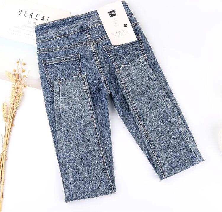 Quần jeans màu xám khói nữ co giãn bó sát chín tất bé gái