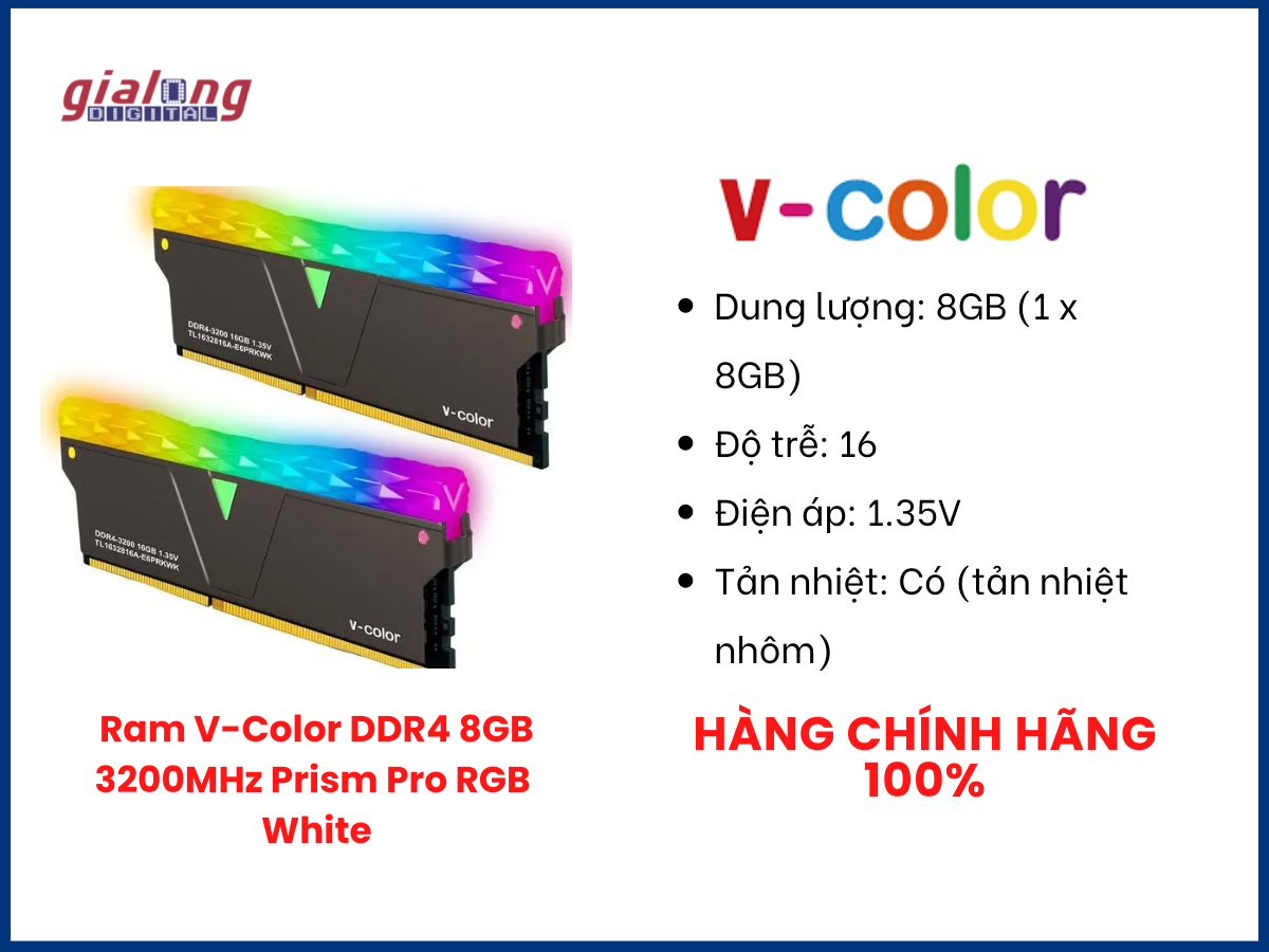 Ram V-Color DDR4 8GB 3200MHz Prism Pro RGB  Black- Hàng chính hãng