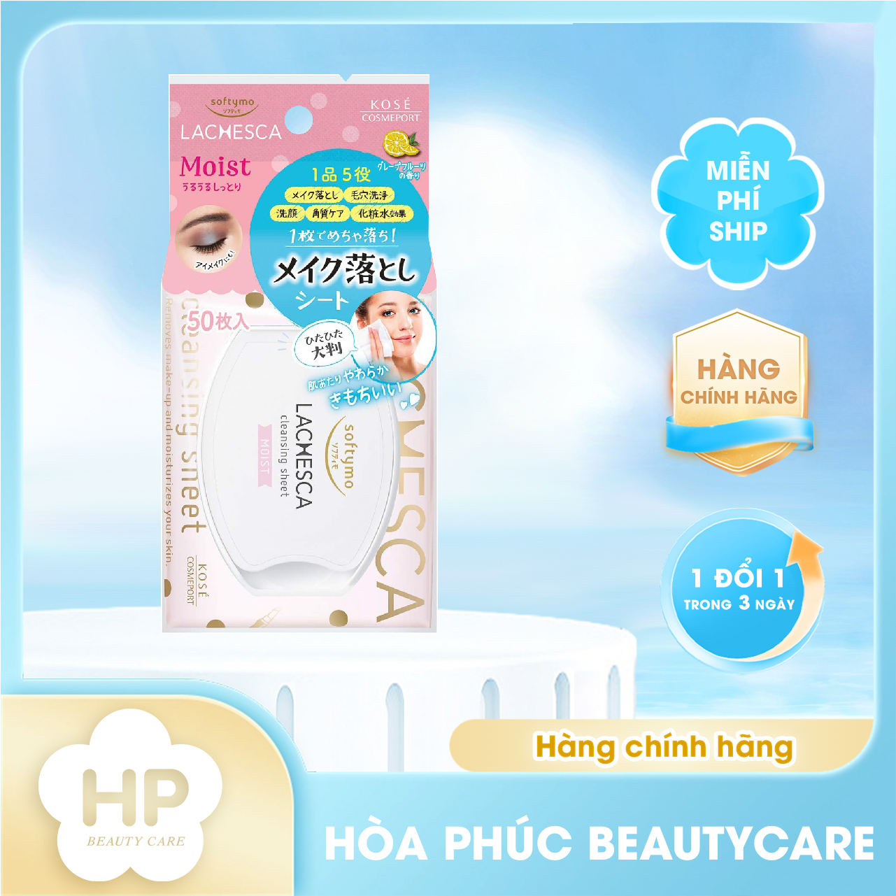 Khăn Giấy Tẩy Trang Lachesca Giúp Dưỡng Ẩm Da Softymo Lachesca Cleansing Sheet n Moist 50 Tờ / Hộp