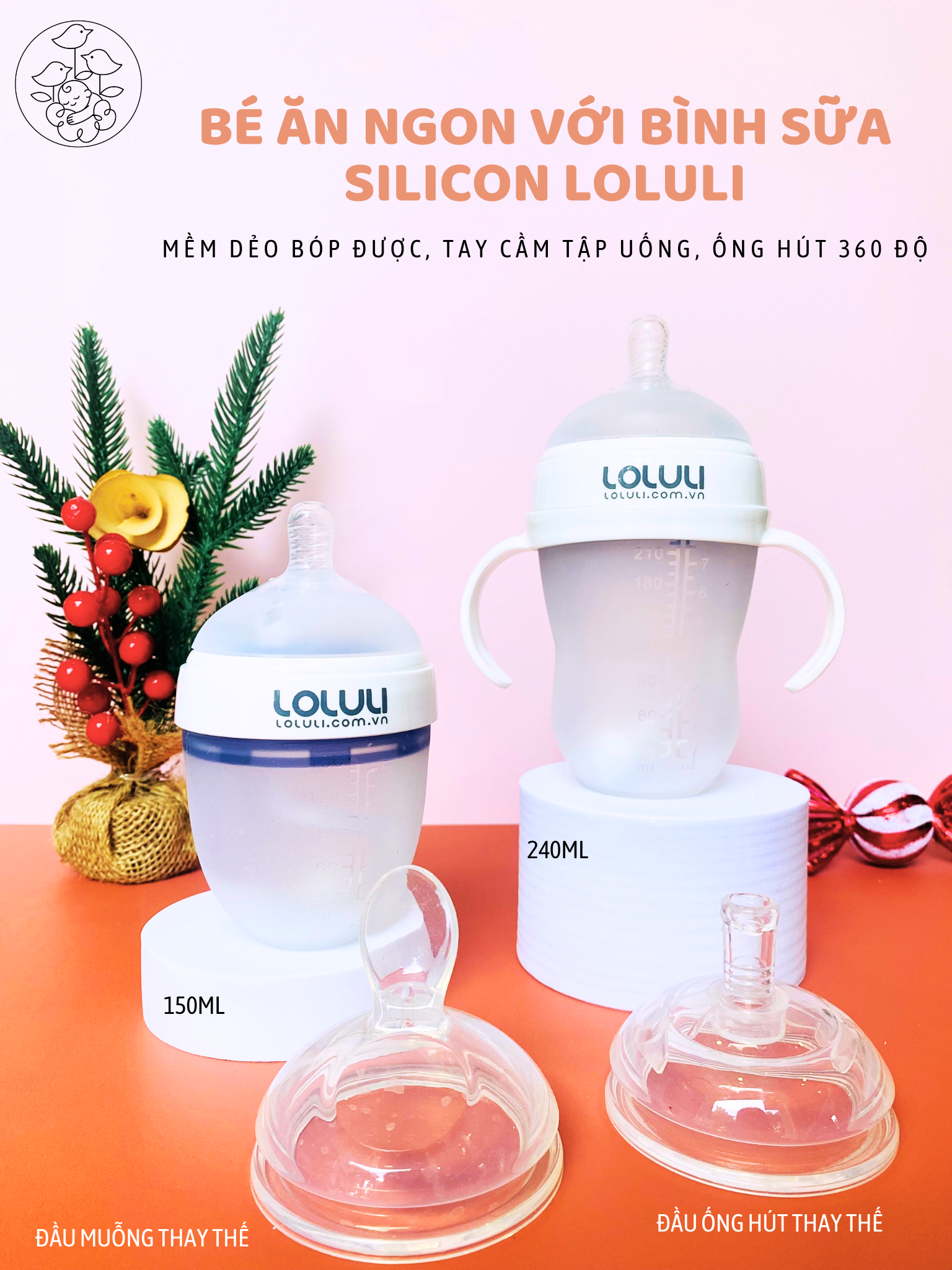 (Không Bao Gồm Đầu Muỗng Và Ty Ống Hút) Bình Sữa Loluli Silicon Siêu Mềm Cho Bé Chống Sặc Có Ống Hút 360 Độ Có Quai