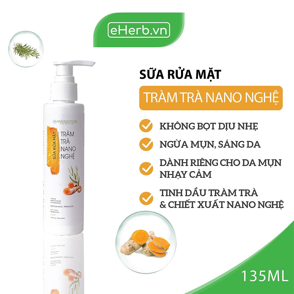 Sữa Rửa Mặt Tràm Trà Nano Nghệ Milaganics Làm sạch Chuyên Sâu Cho Da Mụn Nhạy Cảm