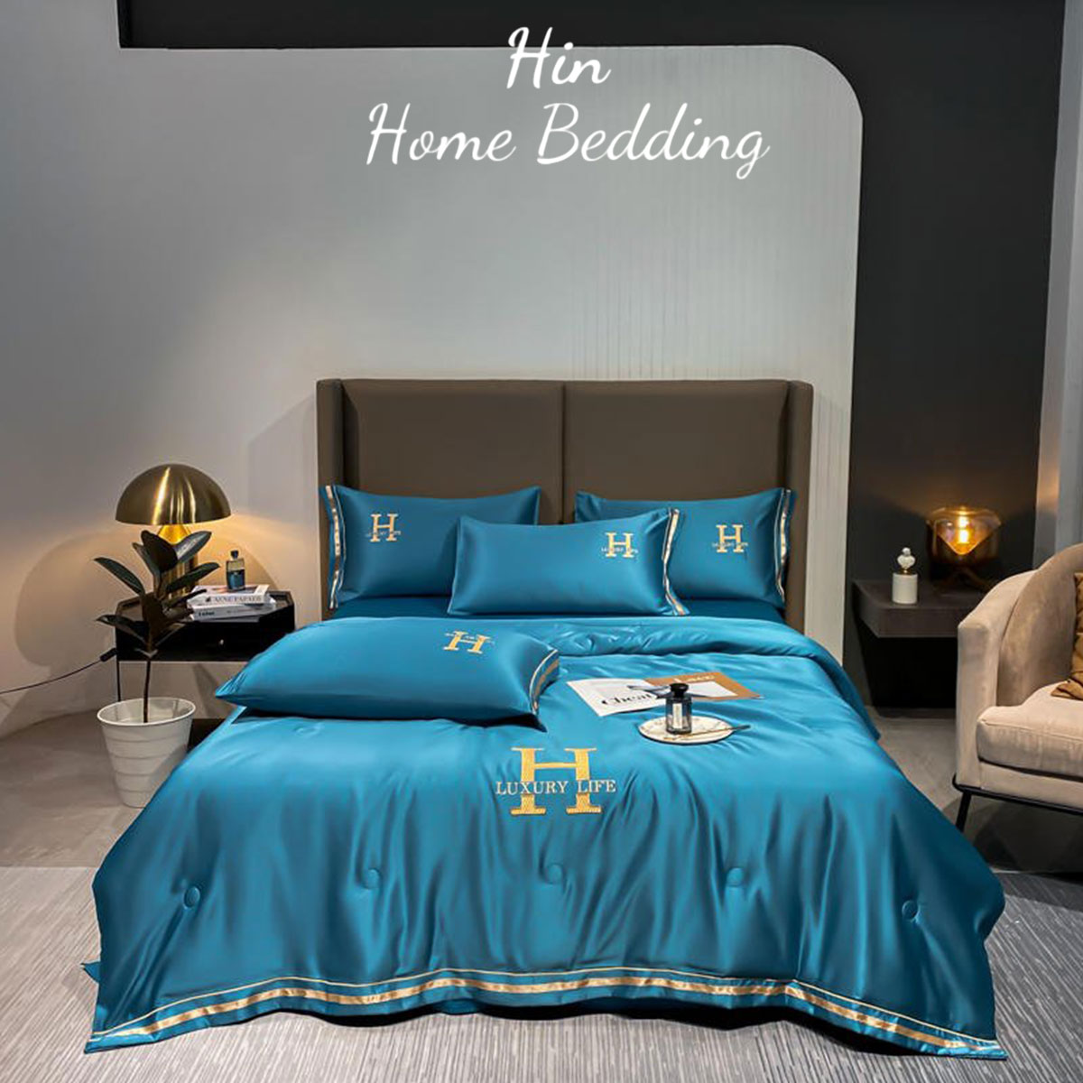 Bộ Chăn Ga Gối Đệm 5 Món Chăn Phao Lụa Thái Hin Home Bedding Drap Giường Lụa Mẫu Xanh Biển