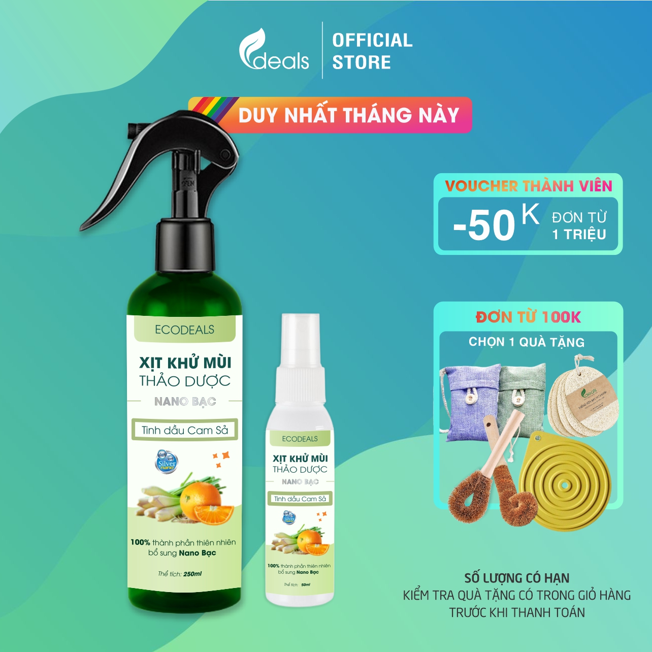 Xịt Khử mùi Kháng khuẩn thảo dược công nghệ Nano Bạc ECODEALS - Tinh dầu Cam Sả