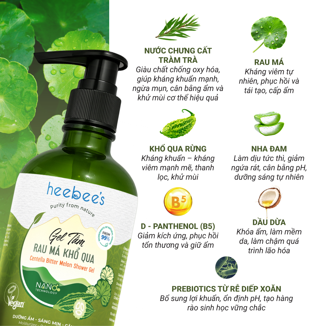 Gel Tắm Rau Má Khổ Qua Rừng Thuần Chay Heebee's Giảm Rôm Sẩy, Dưỡng Ẩm, Da Sáng Mịn Màng 300/500ML