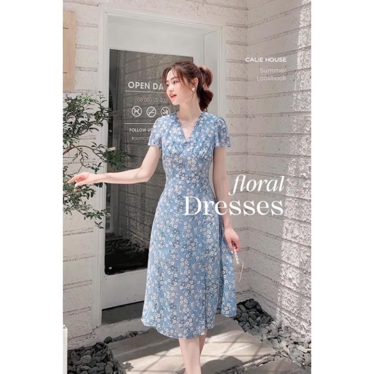 VÁY HOA TƠ CỔ V 2 MÀU XANH VÀNG CHO NỮ