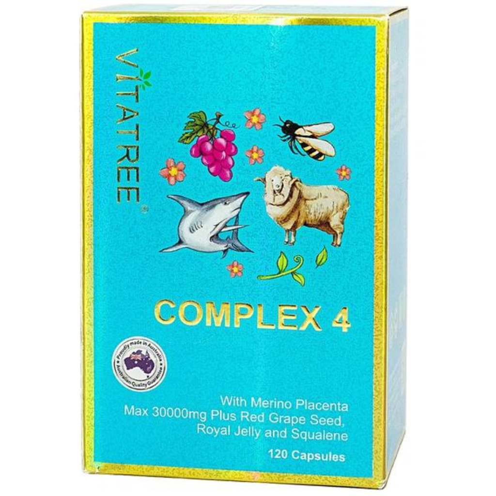 Viên uống kết hợp thành phần nhau thai cừu, sữa ong chúa, squalene và chiết xuất hạt nho Vitatree Complex 4 làm chậm quá trình lão hóa