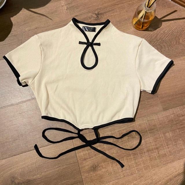 Áo croptop tay ngắn HAGA áo cổ tàu nữ buộc eo xinh xắn CTBL51