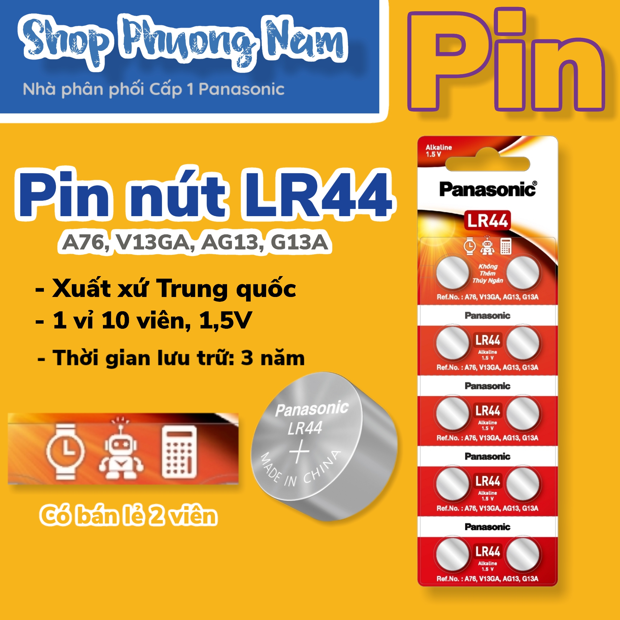 Bộ 1 vỉ 10 viên pin nút1,5v Alkaline Panasonic (LR-44PT/2B) - Hàng chính hãng