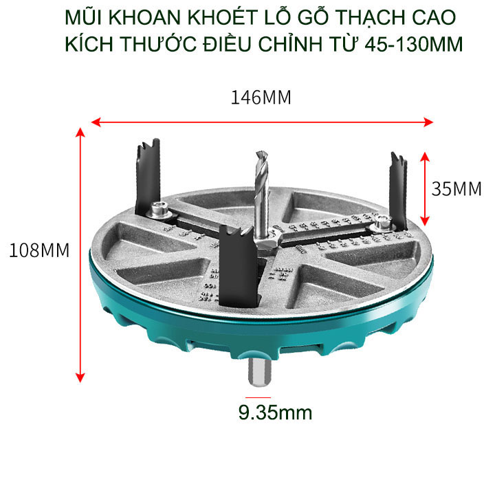 Mũi khoan khoét lỗ trần thạch cao, gỗ, nhựa đa năng kích thước điều chỉnh từ 45-130mm