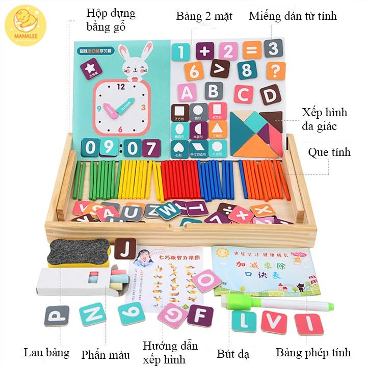 Hộp Gỗ Học Toán Đa Năng Có Bảng Nam Châm 2 Mặt Kèm Chữ, Số, Que Tính, Hình học