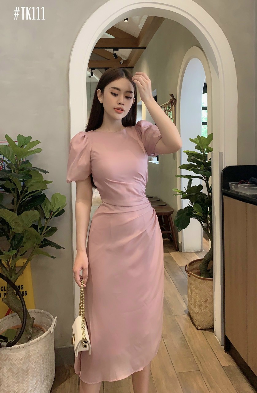 Đầm Dự Tiệc Thiết Kế Tay Phồng Nhún Eo Tôn Dáng Màu Hồng Pastel Sang Trọng Chất Vải Lụa Tằm Cap Cấp Hanaki HNK321
