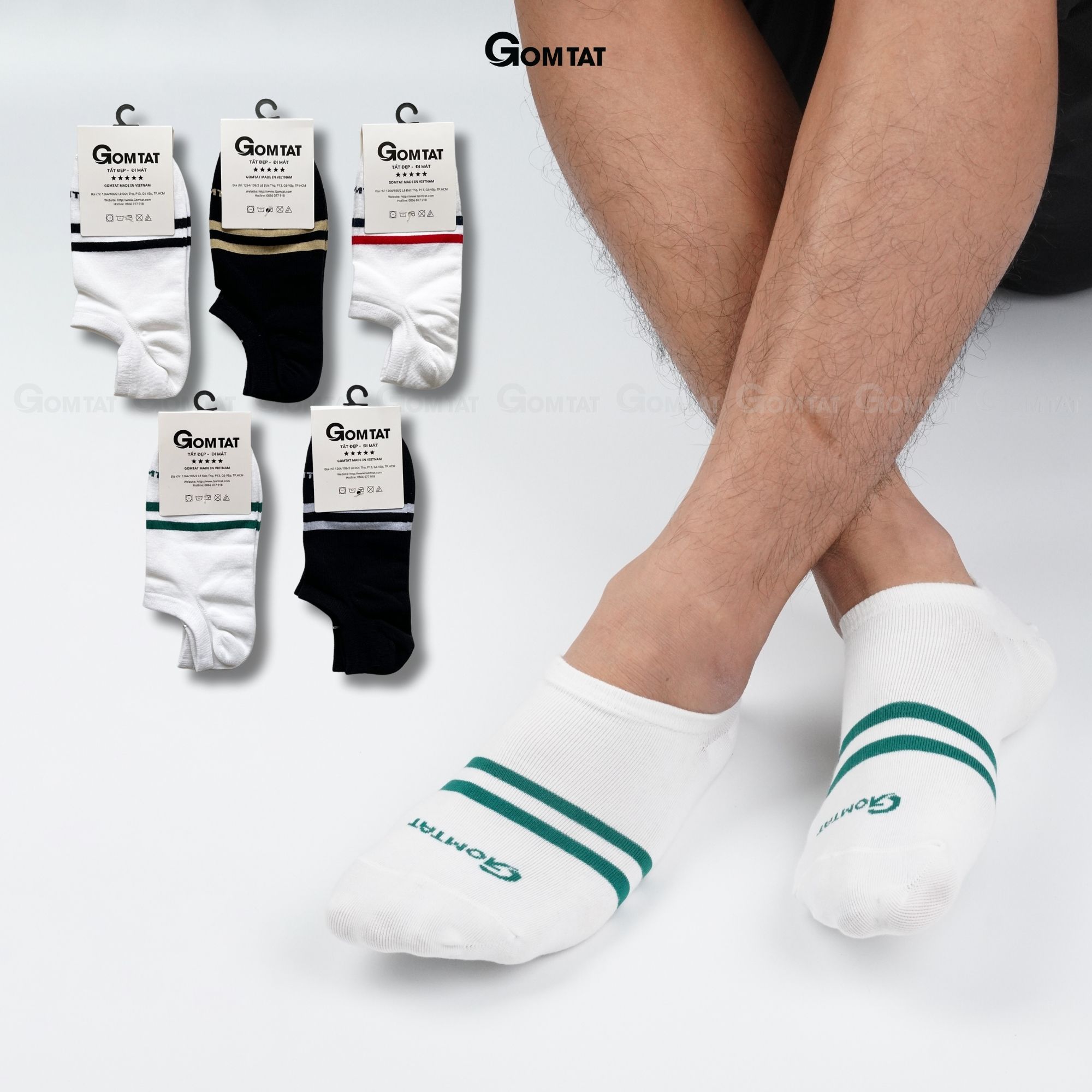 Combo 5 Đôi Tất Cổ Ngắn Nam Nữ GOMTAT Mẫu 2 Sọc Ngang, Vớ Cổ Thấp Unisex Chất Liệu Cotton Cao Cấp - GOM503-2SOC-CB5