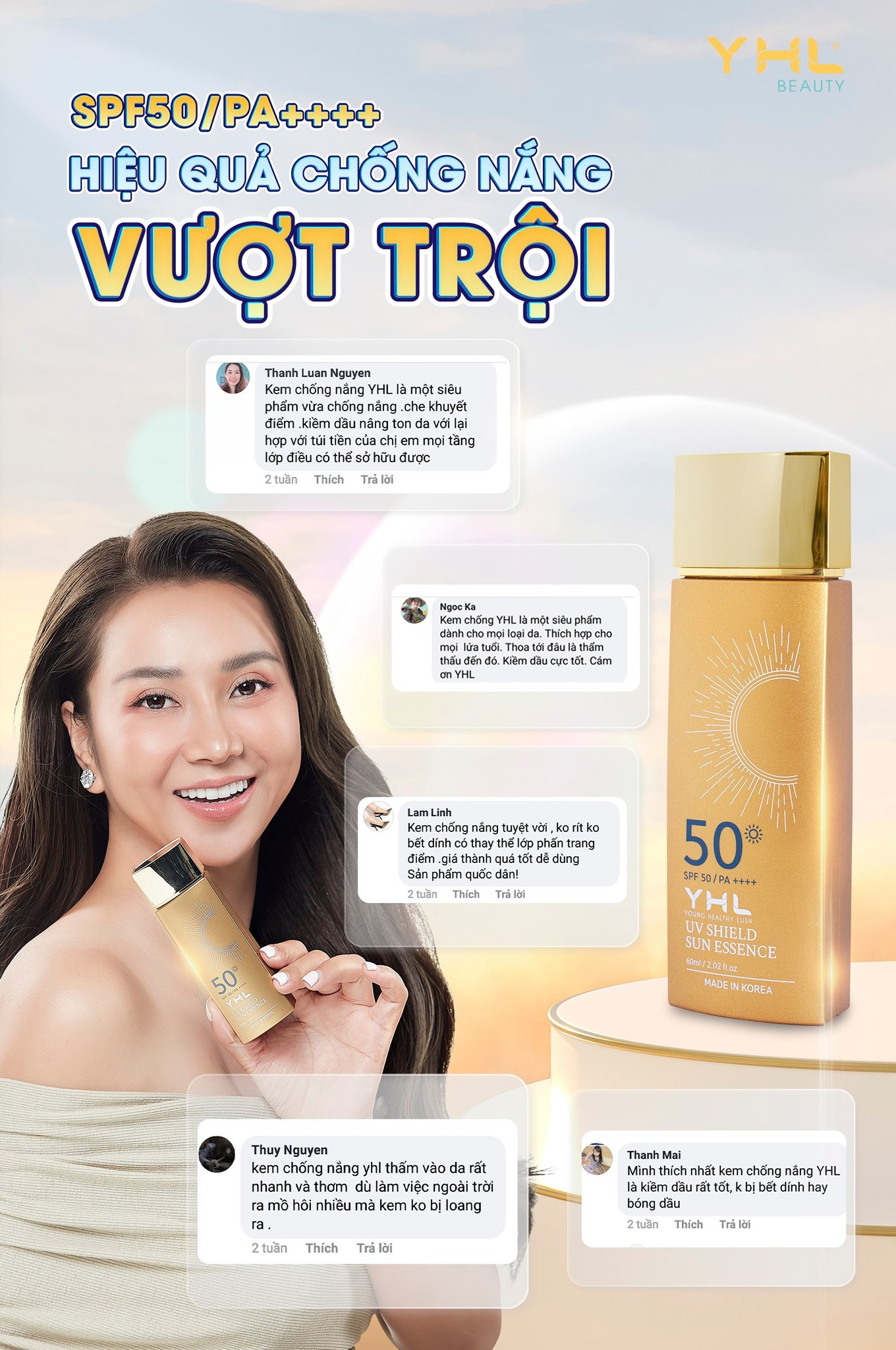 Kem chống nắng Hàn Quốc YHL 60ml giúp dưỡng ẩm chống tia UV với chức năng SPF 50+ và PA++++