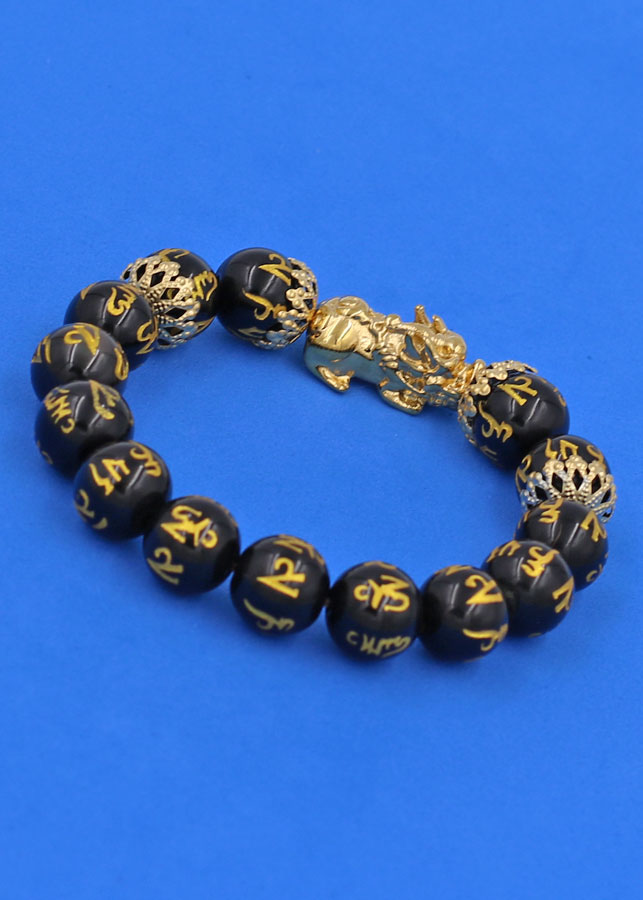 Vòng tay phong thủy Thạch Anh Đen Phật Chú Chữ Vàng 12 ly - Cẩn Tỳ Hưu Chiêu Tài Lộc inox vàng VTAEPVTHBKV12