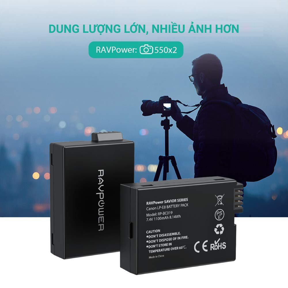 Bộ 2 Pin + Sạc Đôi RAVPower Canon LP-E8 Cho Canon 550D, 600D, 650D, 700D (Hàng Chính Hãng)