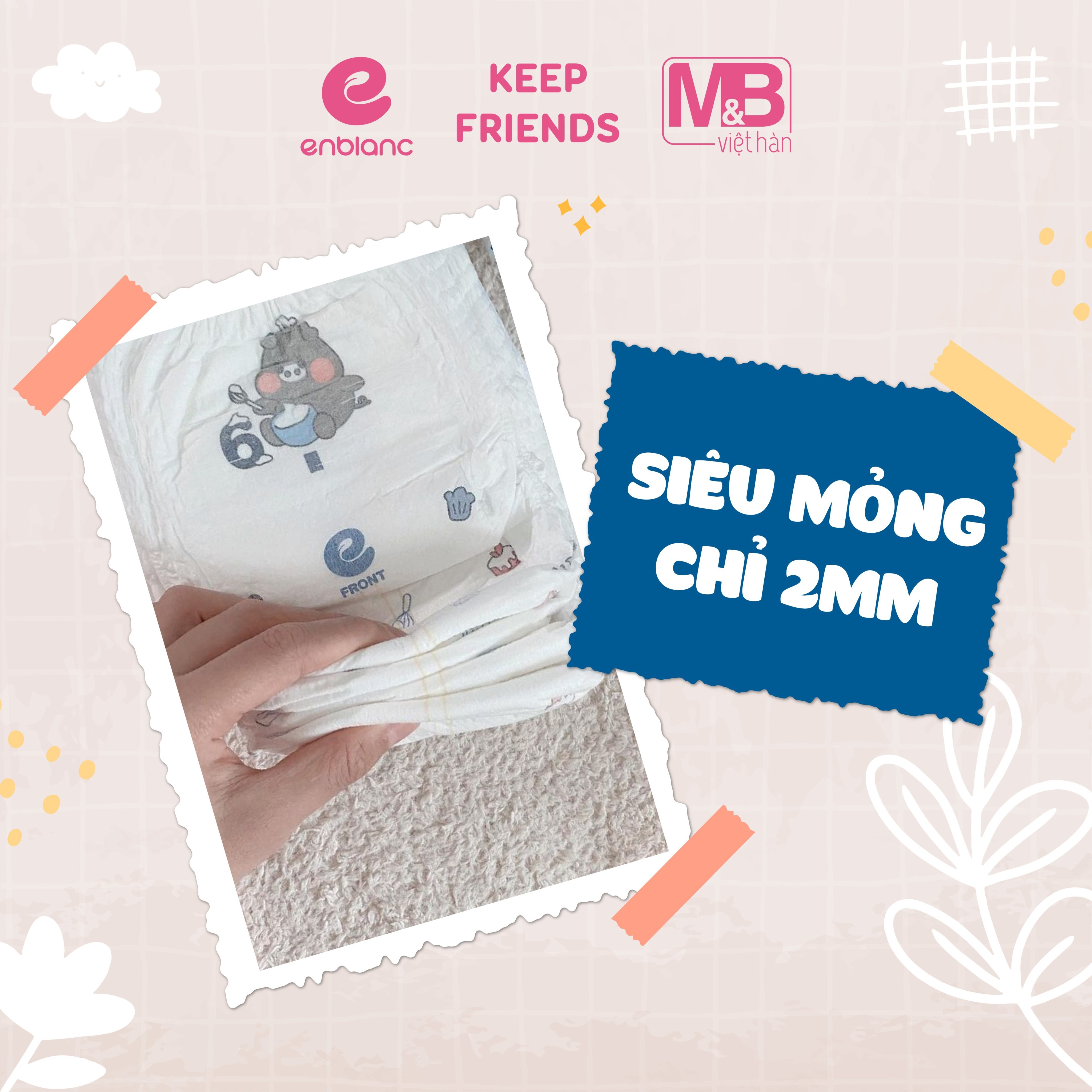 Tã Bỉm Quần Hàn Quốc ENBLANC KEEP FRIENDS Siêu Mỏng Nhẹ, Khô Thoáng, Thấm Hút Nhanh Cho Bé Gái Size XL ( 11-16kg ) 22 Miếng