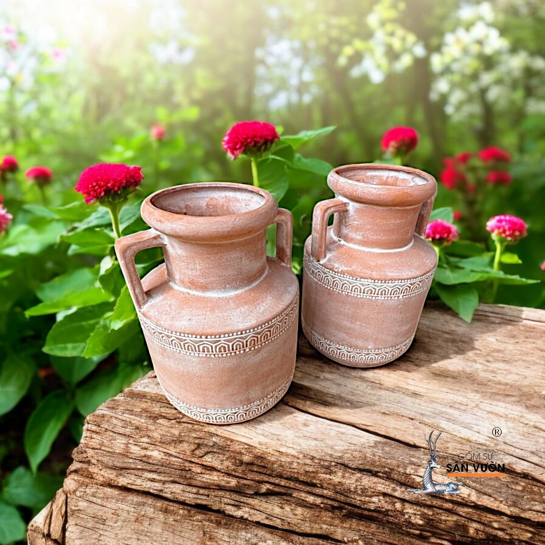 Bình Gốm Hai Quai Hoa Văn Thổ Cẩm R10xH6cm