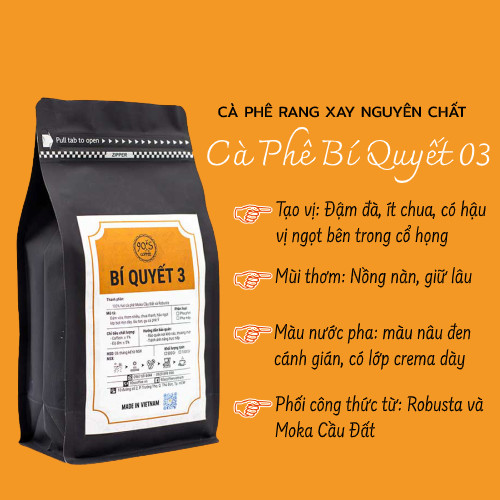 Cà Phê Rang Xay Nguyên Chất - 90S Coffee Vietnam | Bí Quyết 03 | Công Thức Phối: Moka Cầu Đất + Robusta | 100% Cà Phê Sạch | Đậm Đà - Ít Chua - Hậu Ngọt