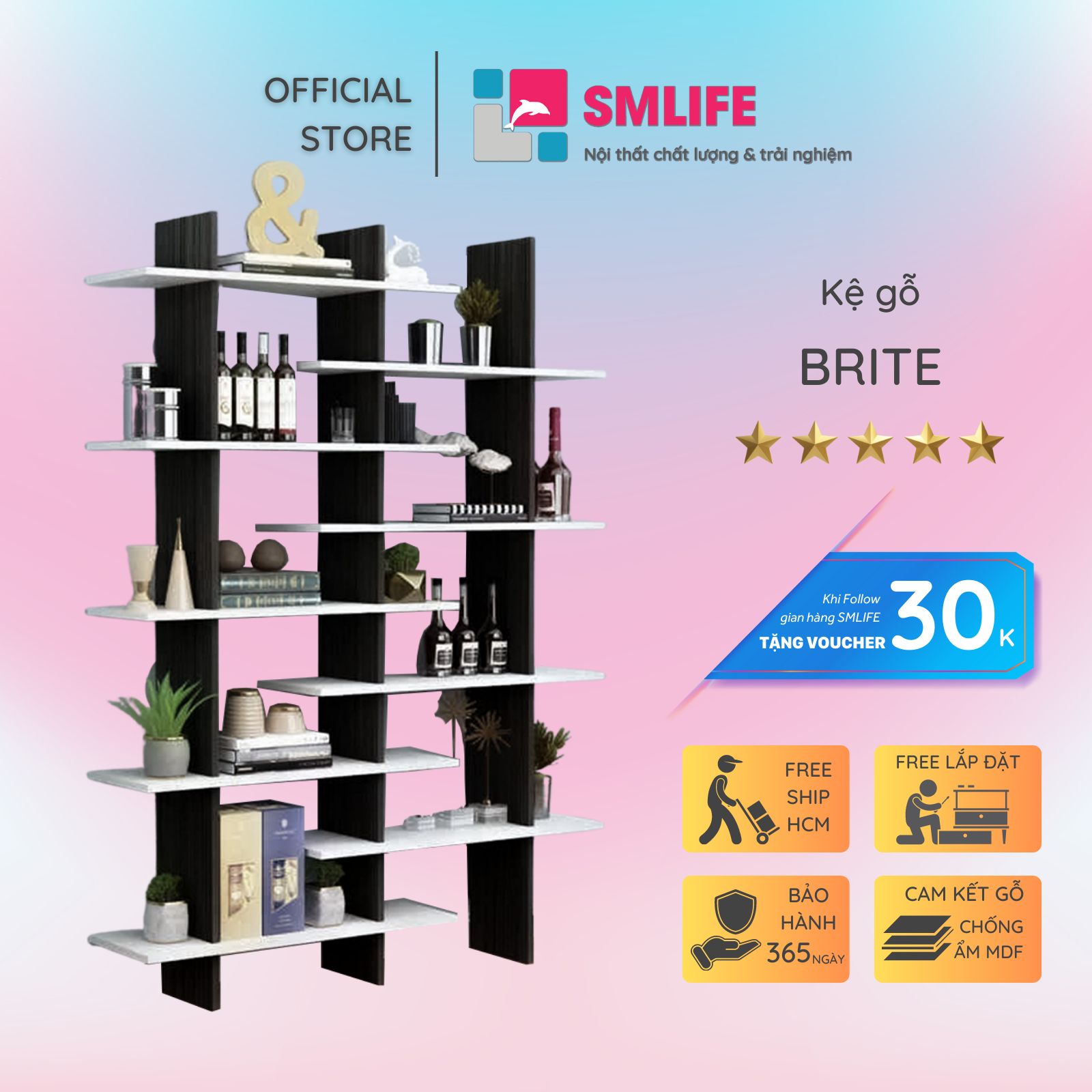 Kệ sách dùng từ gỗ cho gia đình SMLIFE Brite