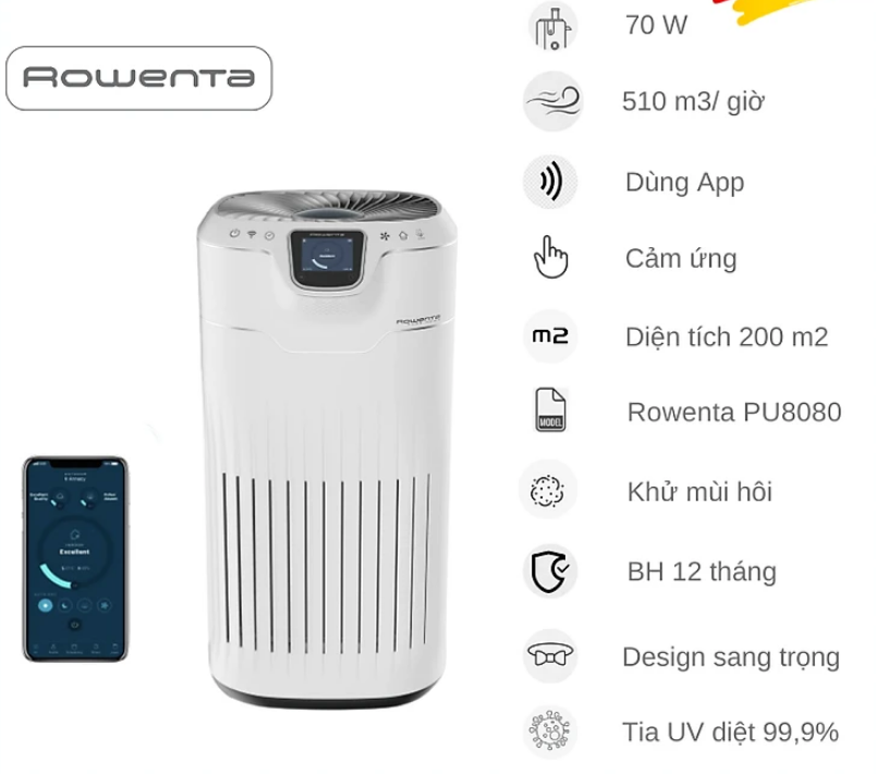 Máy Lọc Không Khí ROWENTA PURE HOME PU8080, ROWENTA Air Purifier, Máy Lọc Không Khí Gia Đình, Cho Phòng 200m2, Nhập Đức