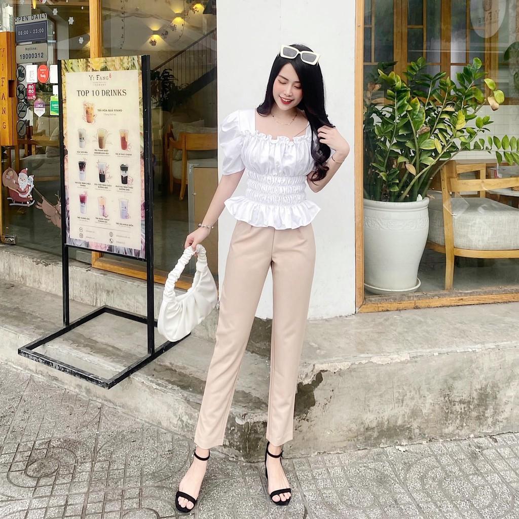 ÁO KIỂU CROPTOP LỤA CỔ VUÔNG BÈO TAY PHỒNG NHÙN THUN BỤNG EO XÒE BÈO