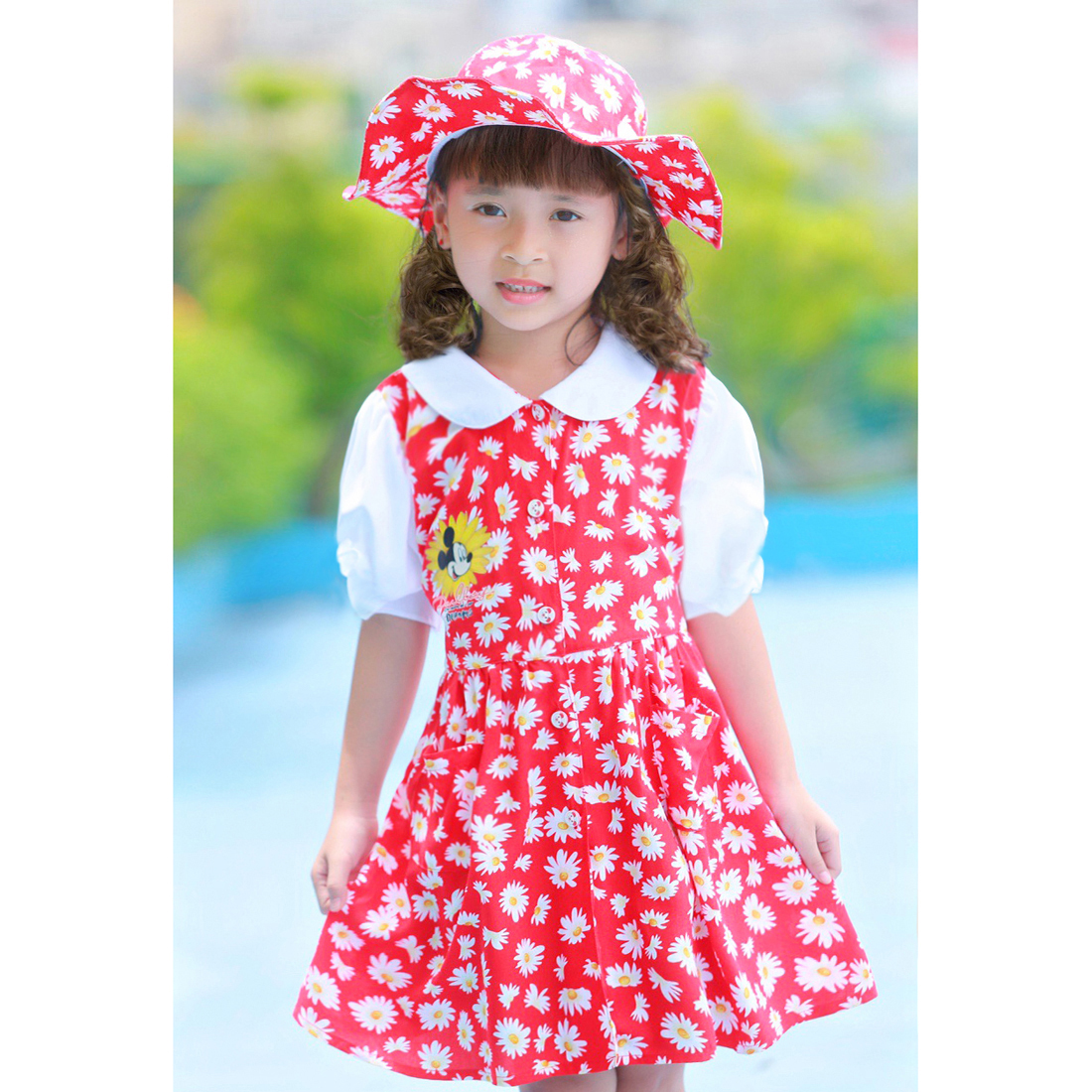Bộ váy kèm mũ trẻ em hoa cúc màu đỏ EK-01