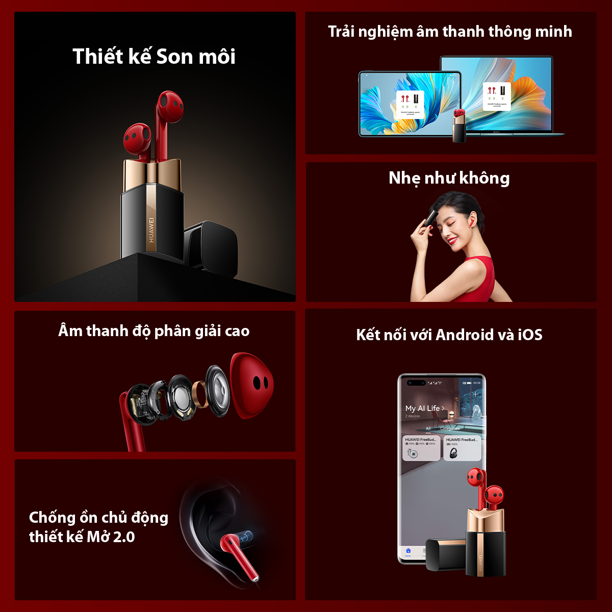 Tai Nghe Không Dây HUAWEI FreeBuds Lipstick | Âm Thanh Độ Phân Giải Cao | Nhẹ Như Không | Chống Ồn Chủ Động Thiết Kế Mở 2.0 | Hàng Chính Hãng