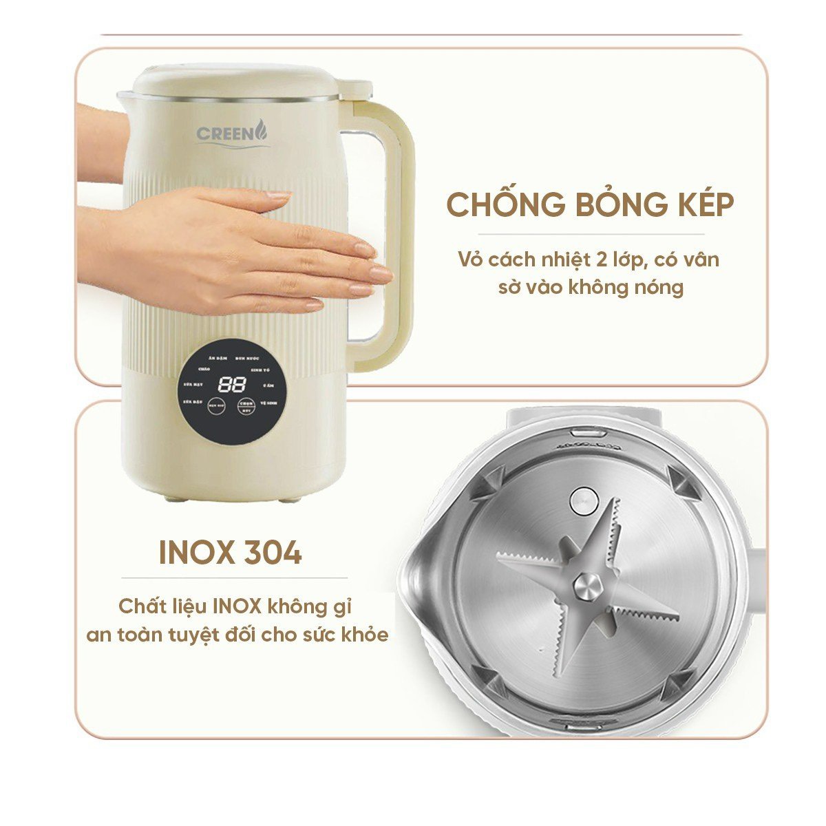 Máy làm sữa hạt mini CREEN CR-1000, dung tích 1L, 8 chức năng xay nấu, nắp chống trào, màn hình cảm ứng - Hàng chính hãng