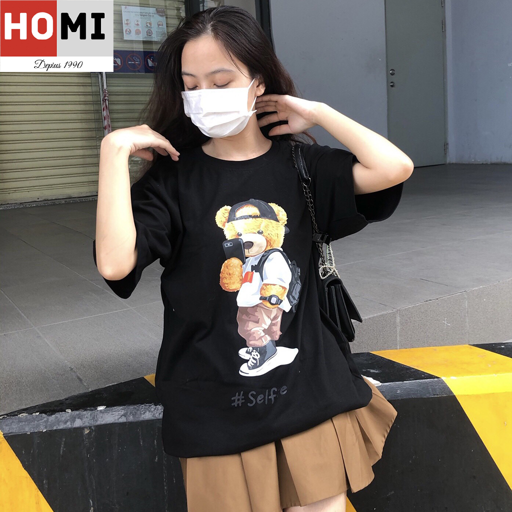 Áo thun 100% cotton 4 chiều co giãn form Unisex nam nữ in hình gấu selfie màu đen Homi Fashion