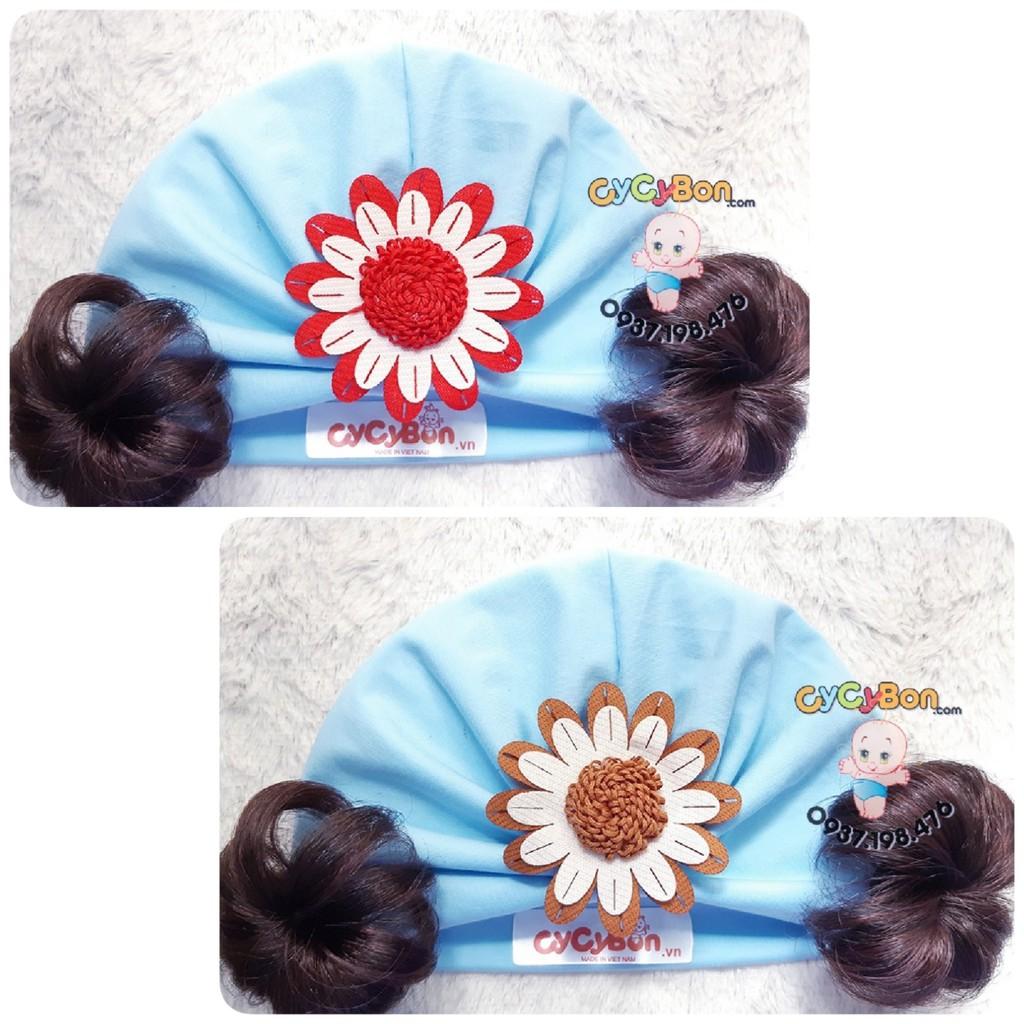 Nón Mũ Turban Chất Cotton Tóc Giả  Màu Xanh Đính Bông Cúc Cho Bé Gái - Có Size Từ Sơ Sinh !