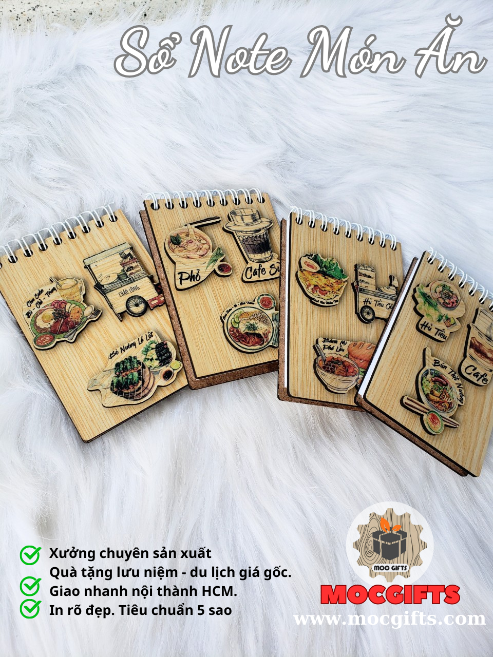 Sổ tay nhỏ bìa gỗ ( 12cmx7.9cm ) hình ảnh món ăn ngon Việt Nam quà lưu niệm Việt Nam ý nghĩa - Hàng VNXK
